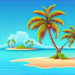 Obraz na płótnie Canvas Two palm tree and sandy beach on blue sea. Paradise vacation on tropical island. 2d illustrated cartoon illustration