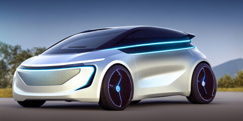 Futuristicc concept sport car in a metaverse city. Neon glowing. 3d