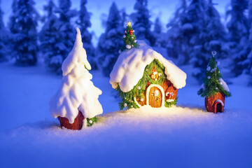 Abstract toy castle. Fairy hut. Christmas winter background. 3d image