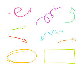 Colored infographic elements on isolated white. Line drawing. Hand drawn simple arrows. Sketchy geometric frames