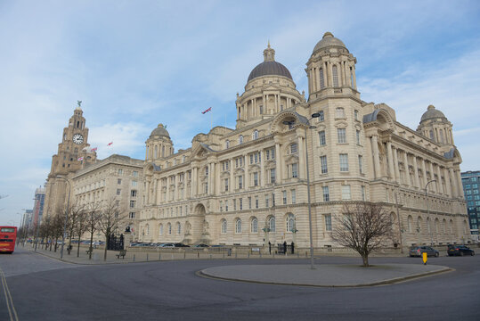 Liverpool, United Kingdom, 2nd February, 2020: Low angle image of the port of liverpool building, the royal liver building and the Cunard building