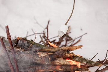 Marshmallow on a wooden stick being roasted over a camping fire in the winter forest snow on the background. Family vacation. Winter holiday.