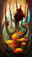 Obraz premium Abstract magical fantasy woods - vibrant autumn fall colors, misty fog and sacred old towering fantasy trees in strange and unusual curvy shapes.