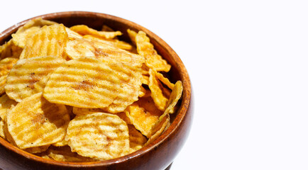 Banana slice chips on white background.