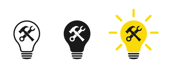 Wrench and hammer with light bulb. Service and technical support concept. Icon set. Illustration.