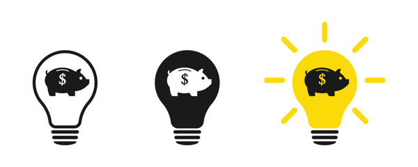 Light bulb with piggy bank. Icon set. Illustration. 