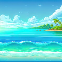Fototapeta na wymiar Sea panorama. Bay, tropical beach. 2d illustrated background