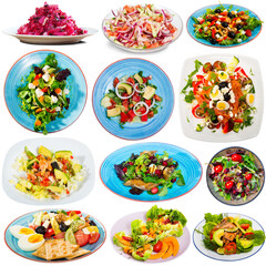 Set of various salads served on plates isolated on white background