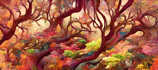 Abstract magical fantasy woods - vibrant autumn fall colors, misty fog and sacred old towering fantasy trees in strange and unusual curvy shapes.