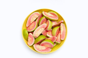 Fresh pink guava on white background.