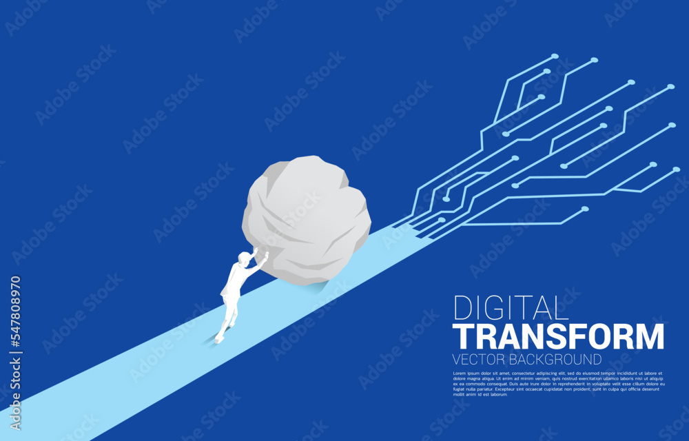 Poster silhouette of businessman push the rock on the way with dot connect line circuit. concept of digital