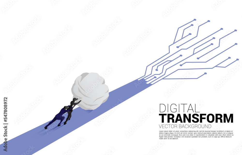 Poster silhouette of businessman push the rock on the way with dot connect line circuit. concept of digital