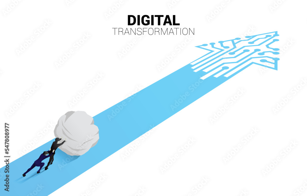 Poster Silhouette of businessman push the rock on the way with dot connect line circuit. concept of digital transformation of business.