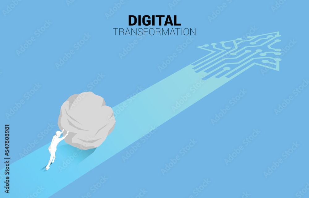 Aufkleber Silhouette of businessman push the rock on the way with dot connect line circuit. concept of digital transformation of business.