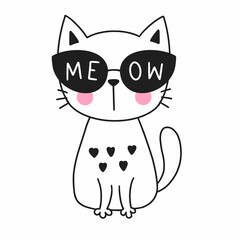 Cute doodle cat. Kitten in black glasses with inscription meow.
