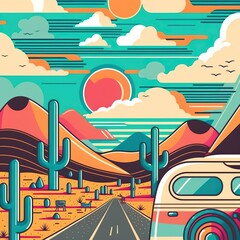 Fototapeta premium Illustration of a retro landscape of a very colorful desert with cactus and sand at sunset with a big beautiful sun