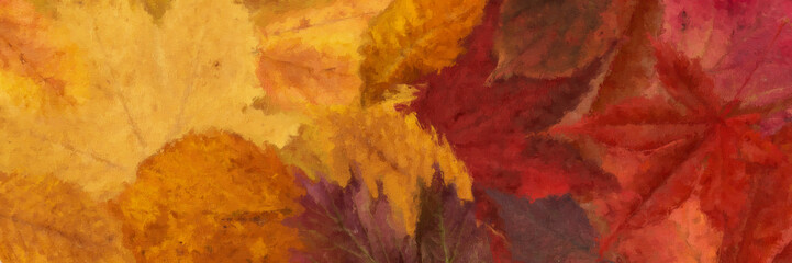 painted background of different autumn leaves from top view