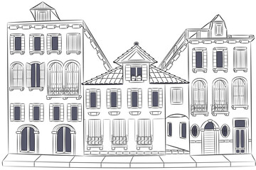 Black and white drawing of vintage Venetian houses isolated on white background.