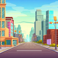 Obraz premium Road to city with office buildings, shops and houses. 2d illustrated parallax background for 2d animation with cartoon urban landscape, cityscape with empty street and town buildings