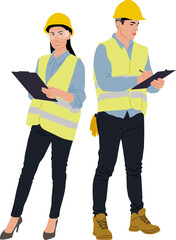 Female and male workers holding clipboard and wear helmet and a vest. Hand-drawn vector illustration isolated on white. Full length view