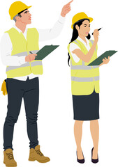 Female and male workers holding clipboard and wear helmet and a vest. Hand-drawn vector illustration isolated on white. Full length view