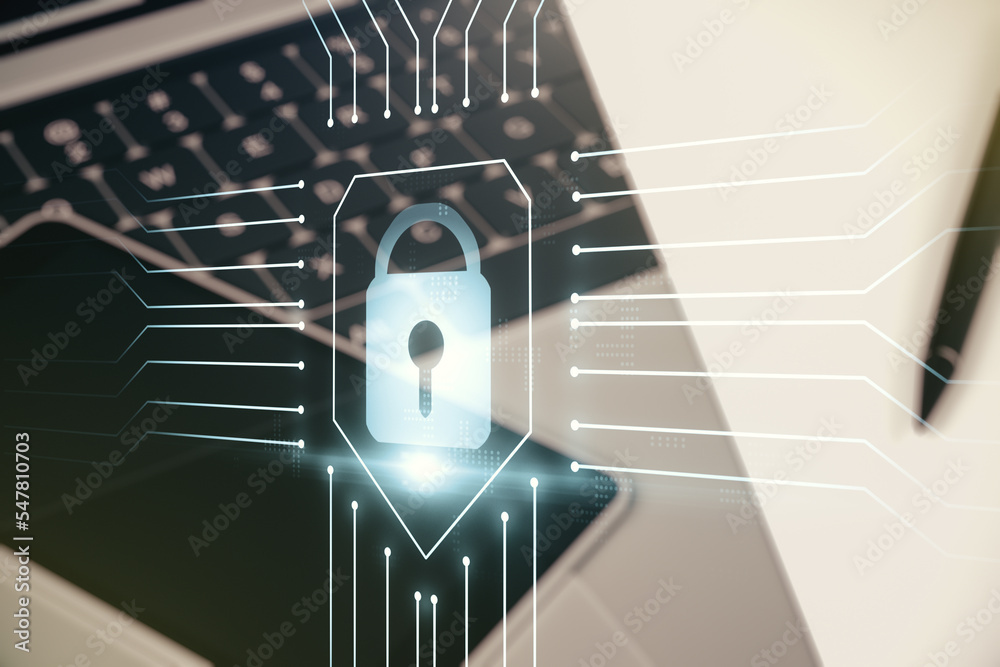 Poster creative idea concept with lock symbol and microcircuit illustration on modern laptop background. pr