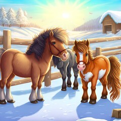 Orshadi's beautiful little ponies are standing in a paddock in the snow. winter nature horses stable small horses in winter in special clothes. sunny day