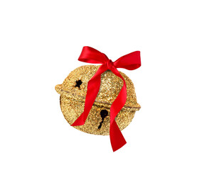 Gold glitter covered jingle bell with red ribbon bow isolated cutout