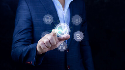 Quality management with Quality assurance or QA and Quality control or QC and improvement. Standardization and certification concept. compliance to regulations and standards. concept with manager.