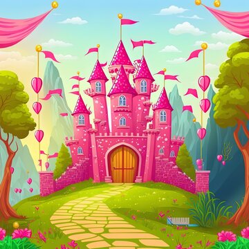 Fairy tale background with princess castle in the forest. Castle with pink flags, precious hearts, roofs, towers and gates in a beautiful landscape. 2d illustrated illustration for a fairy tale.