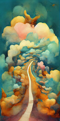 Winding Golden road, illustration / poster with overlapping forms and beautiful rich colours, digitally created in a textured style