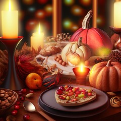 Fall table setting for celebration Thanksgiving day family party Autumn composition with candles, fruits, nuts and cones Plates with pumpkins and pomegranate Natural autumn decor Selective focus , ani