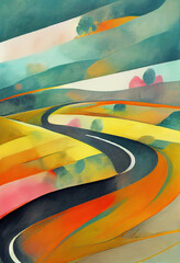 Winding gold, green and turquoise blue road, illustration / poster with overlapping forms and beautiful rich colours, digitally created in a textured style
