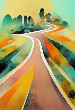 Winding gold, green and turquoise blue road, illustration / poster with overlapping forms and beautiful rich colours, digitally created in a textured style