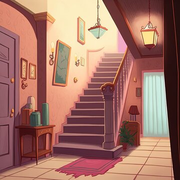Cartoon illustration of retro style house hallway.