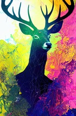 isolated deer, watercolour splashes with ink painting