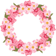 Watercolor pink rose and peony flower wreath bouquet arrangement