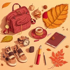 Concept of Autumn, Autumn composition accessories on beige background , anime style