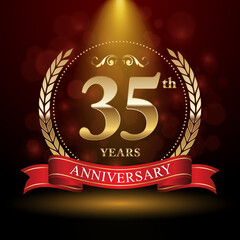35th Anniversary. Anniversary logo design with Laurel wreath and red ribbon for celebration event, wedding, invitation, greeting card. Vector illustration