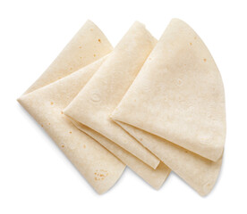 Delicious folded Armenian lavash on white background, top view