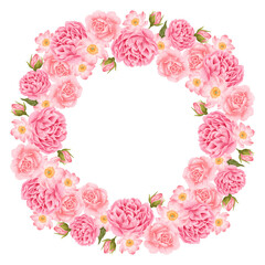 Watercolor pink rose and peony flower wreath bouquet arrangement