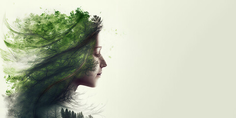 Fototapeta Concept of environment caring devotion, business sustainability and global warming protection shown by woman and green forest double exposure image obraz