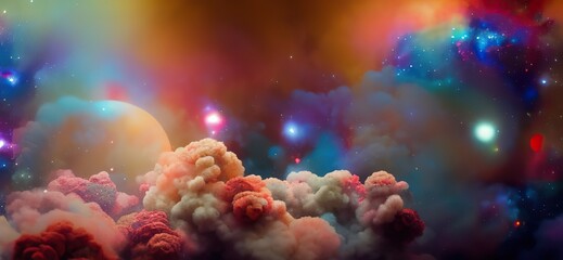 Fototapeta na wymiar Abstract space background with stardust and fluffy pink clouds with starlight