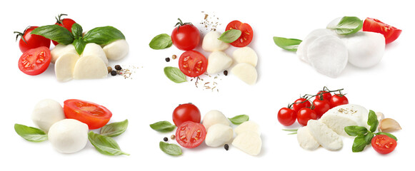 Set with delicious mozzarella, fresh tomatoes and basil on white background. Banner design