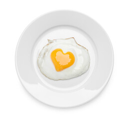 Plate with tasty fried egg with yolk in shape of heart on white background, top view
