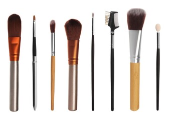 Set with different makeup brushes for applying cosmetic products on white background