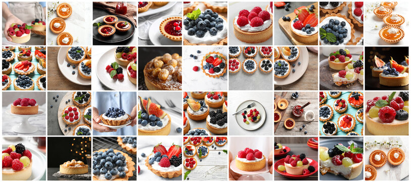 Collage with photos of different tasty tartlets. Banner design