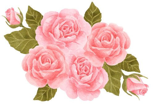 Watercolor pink rose flower bouquet arrangement