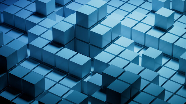 Blue, Glossy Blocks Neatly Arranged to create a Futuristic Tech Wallpaper. 3D Render.