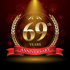 69th Anniversary. Anniversary logo design with Laurel wreath and red ribbon for celebration event, wedding, invitation, greeting card. Vector illustration